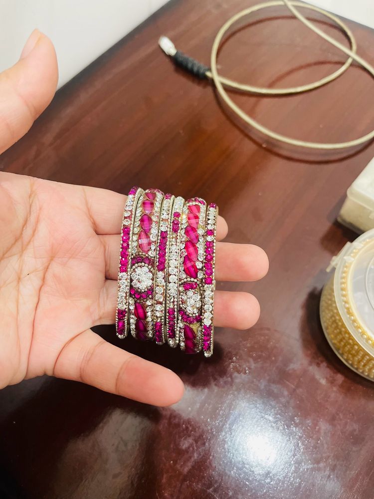 Pink Silver Kada Bangles Set