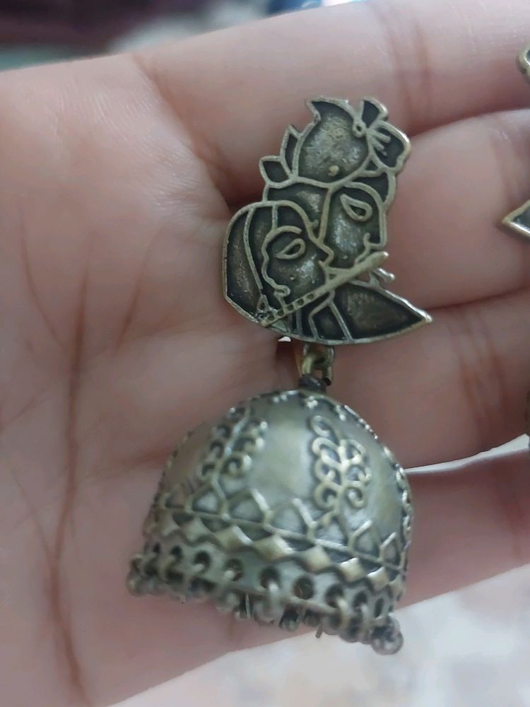 Women Radha-Krishna Silver Jhumka