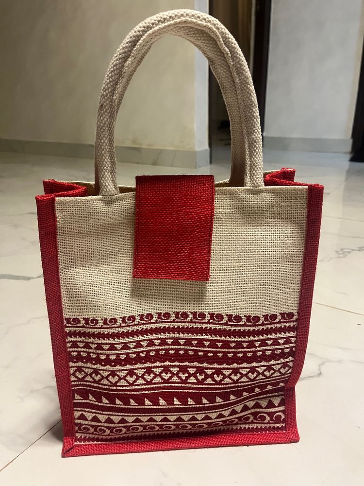 Maroon And Cream Jute Bag-Brand New