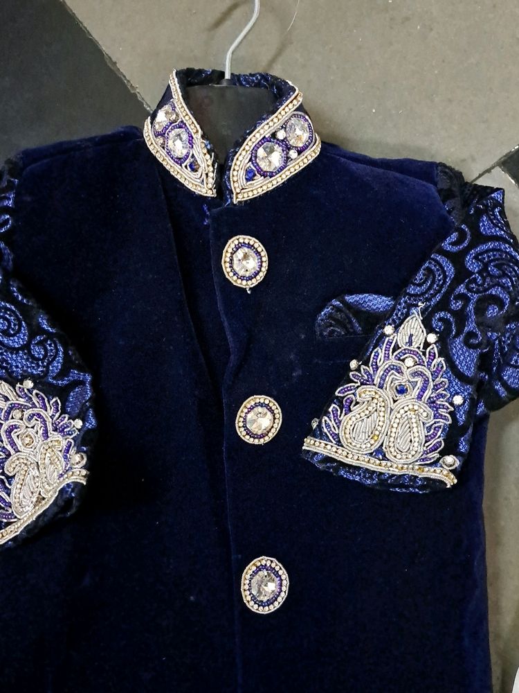 Blue Velcet Sherwani For Boys