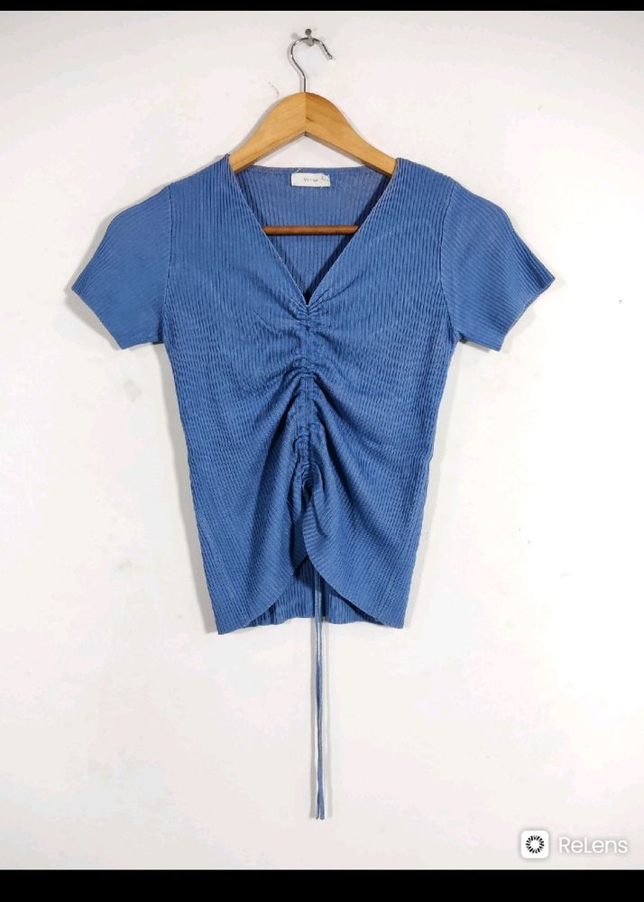 Blue V Neck Ribbed Top