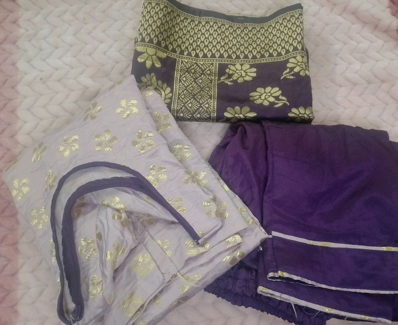 Pink Purple Banarasi Kurta Pant & Dupatta