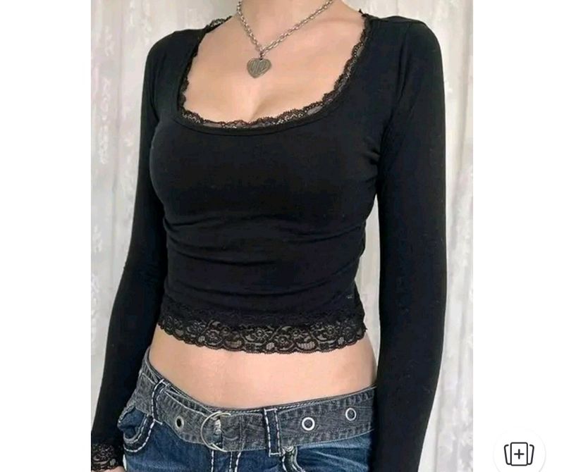 Matte Black Lace Full Sleeves RibbedTop