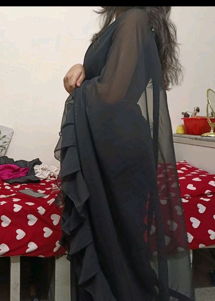 Black Frills Saree With Unstitched Blouse