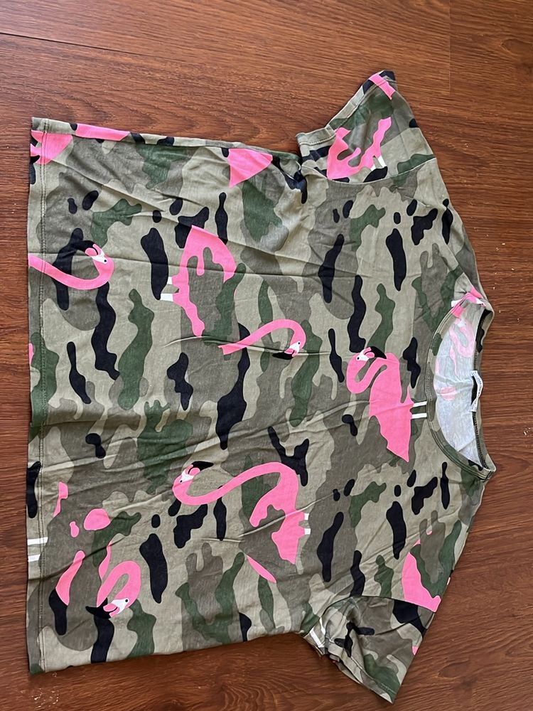 Green Army Print With Pink Flamingos T-shirt