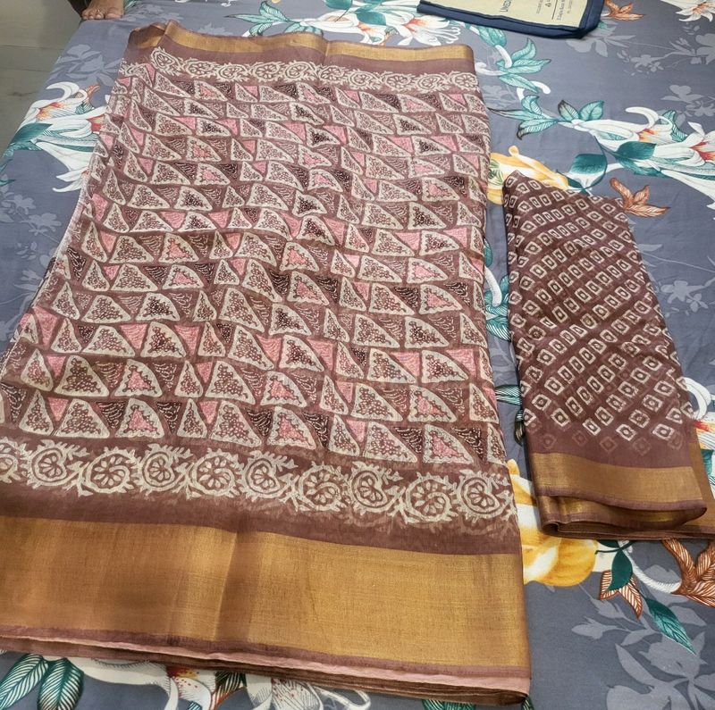 Brown Cotton Saree With Blouse Peice And Fall Done