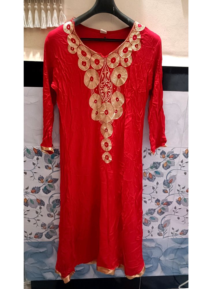 XL Size Red Long Cotton Anarkali Dress