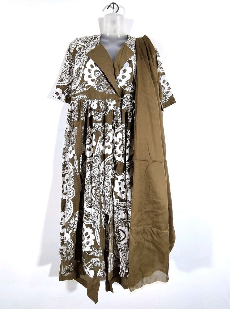 Olive With White Printed Kurta Sets (Women's)