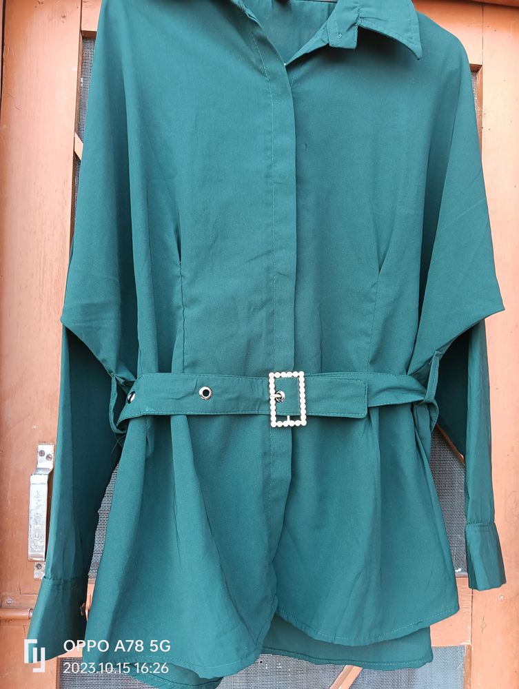 tWomen Chiffon Bottle Green Shirt With Beautiful B