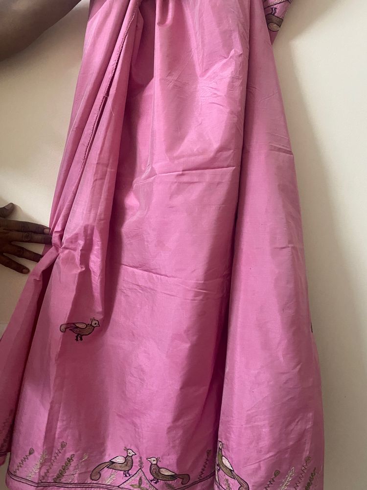 Pink Raw Silk Saree With Bird Embroidery