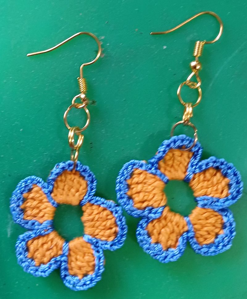 Yellow Blue Crochet Flower Earrings