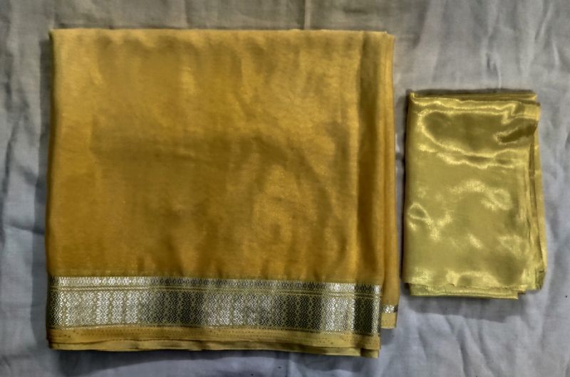 Yellow  Crape Silk Sari With blouse Pie