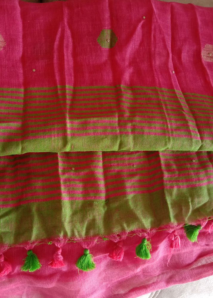 Linen Saree (Rose Pink With Small  Stone Work)