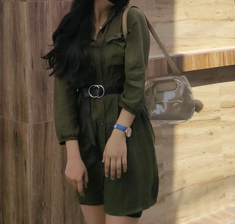 Green Button Up Midi Dress For Women