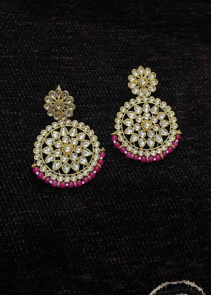 Golden Pink Heavy Chandbali Earrings