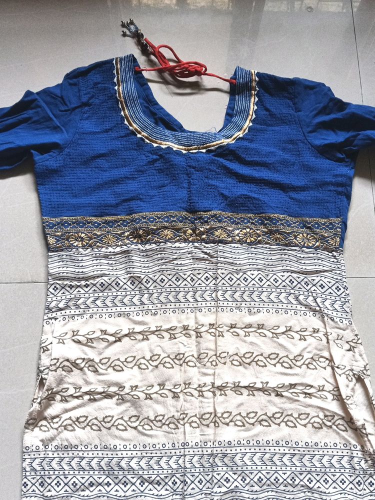 Dark Blue And Cream Cotton Kurti