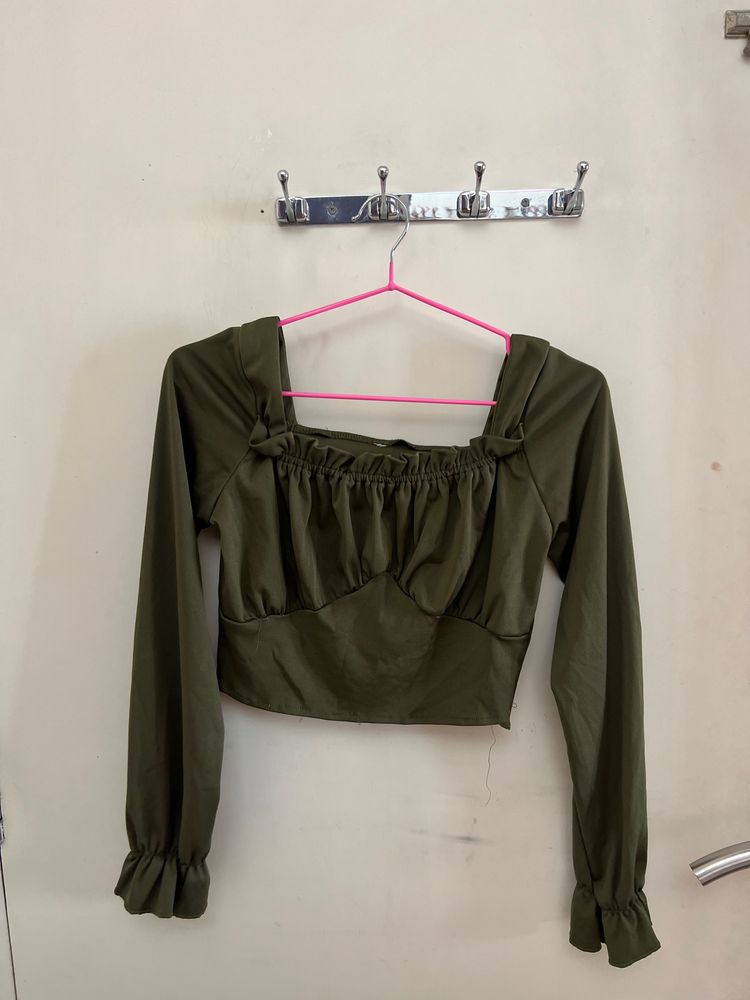 olive Green Balloon Sleeve Crop Top