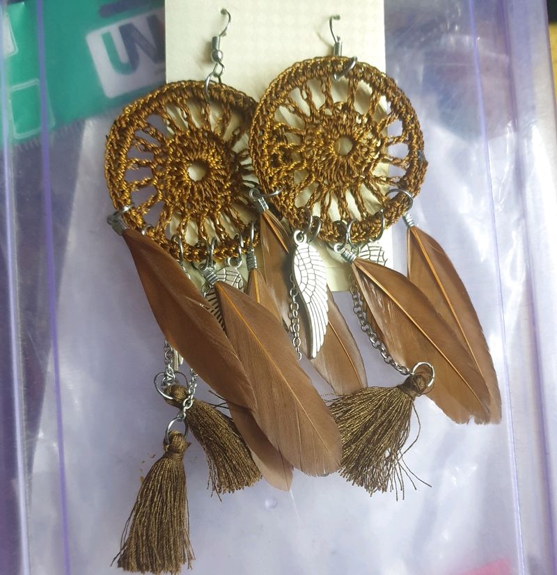 Exquisite Feather Drop Dream Catcher Earrings