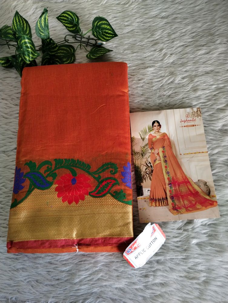 Orange  Chanderi Cotton Saree (Women)