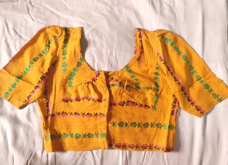 Women Yellow Thread Work Embroidery Blouses Cotton