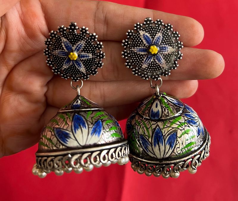 Silver Meenakari Jhumka Blue