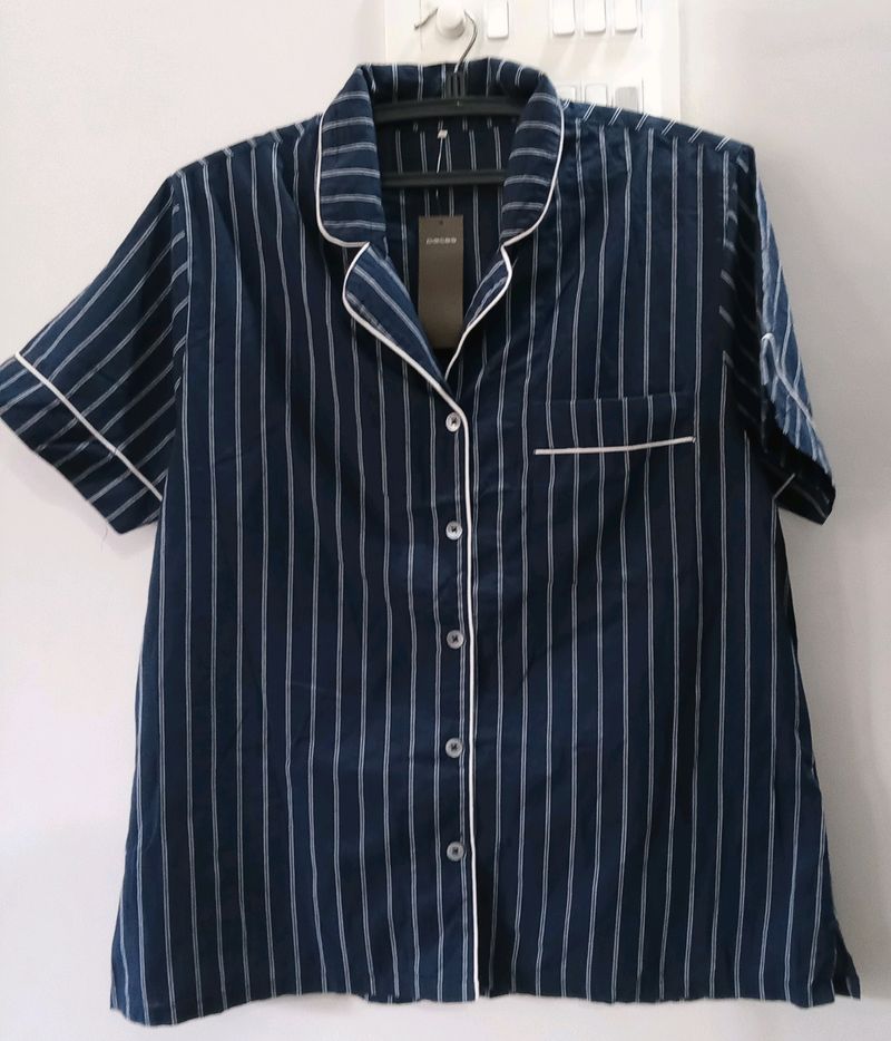 Nightwear Shirt. Navy Blue With White Stripes.