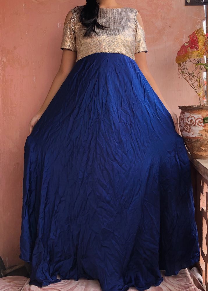 Blue Satin Gown With Siquen Choli