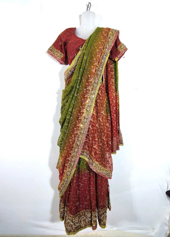 Brown And Olive Embroidered Lehenga (Women's)