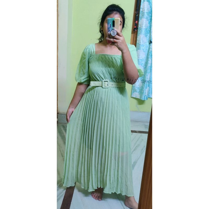 Light Green Belted Long Length Dress