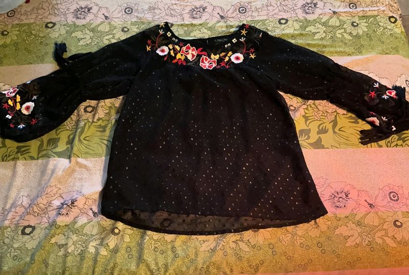 Embroidered Net Black Blouson Top.