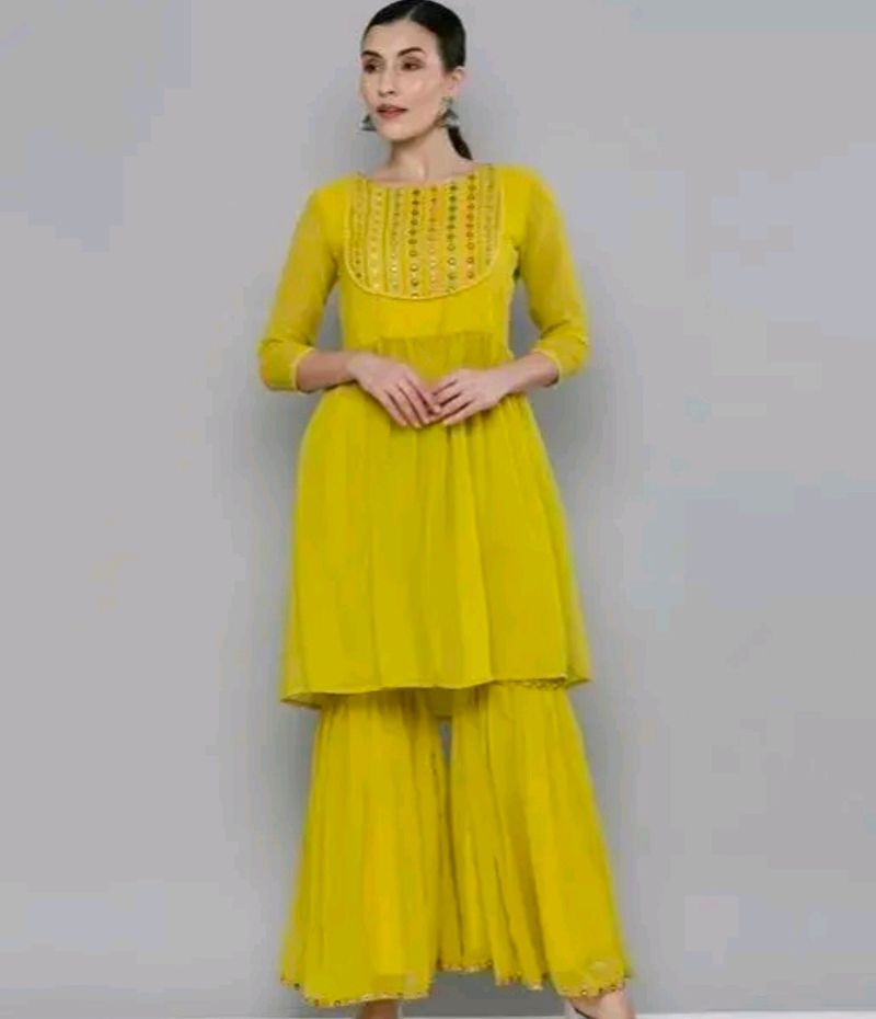 Yellow Attractive Embroidery Kurta With Sharara