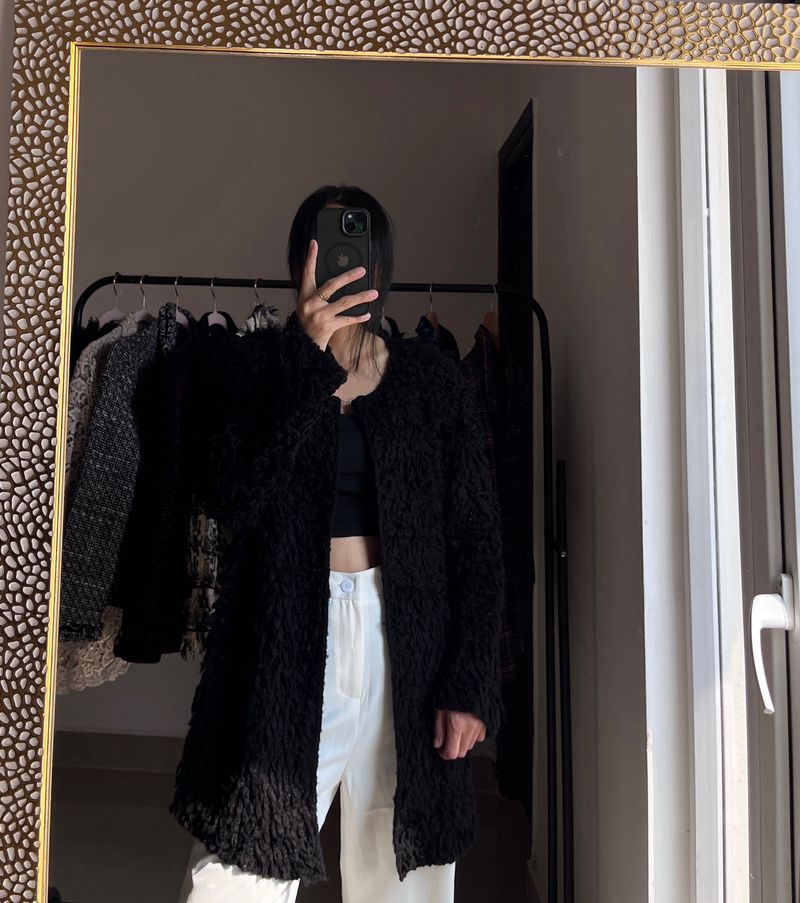 Faux Fur Teddy Black Long Cardigan