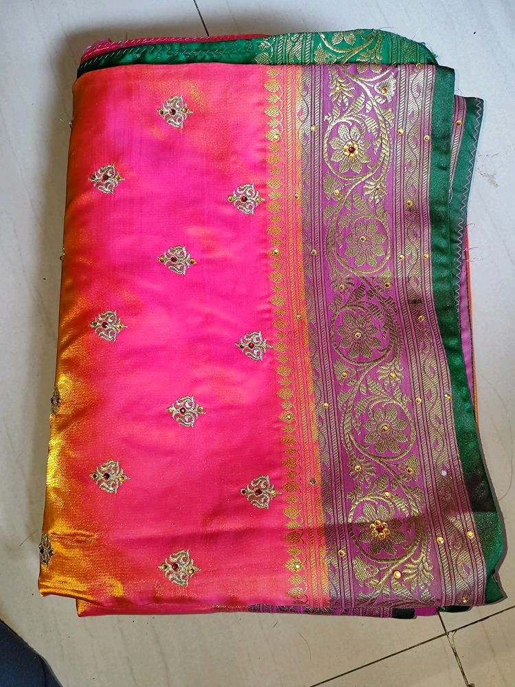 Wedding  Satin Silk Saree With Stiched Blouse