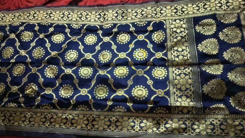 Blue Silk Dupatta With Golden Print