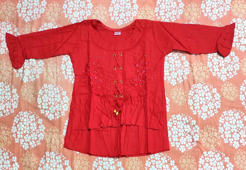 🆕 Embroidery Red Top with Ruffled Sleeves