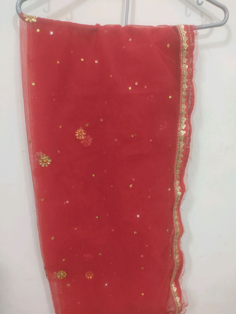 Red Net Dupatta With Four Side N Stone Work