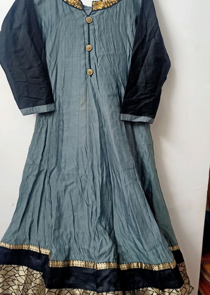 Grey Anarkali Kurti With Golden Buttons