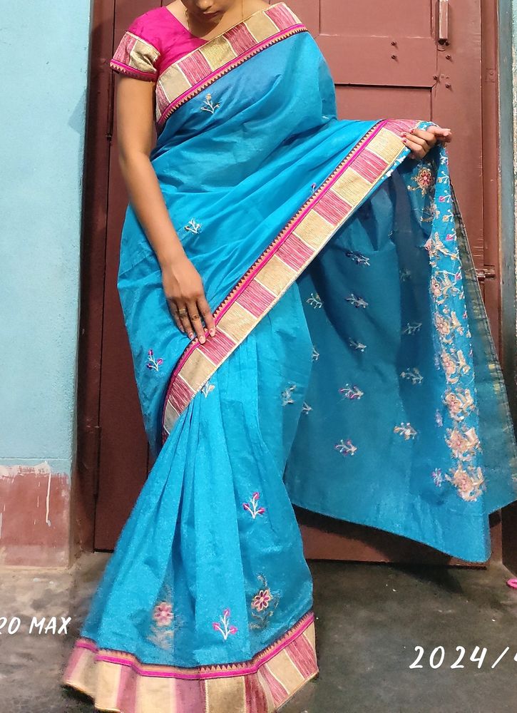 Skyblue Pure Cotton Saree