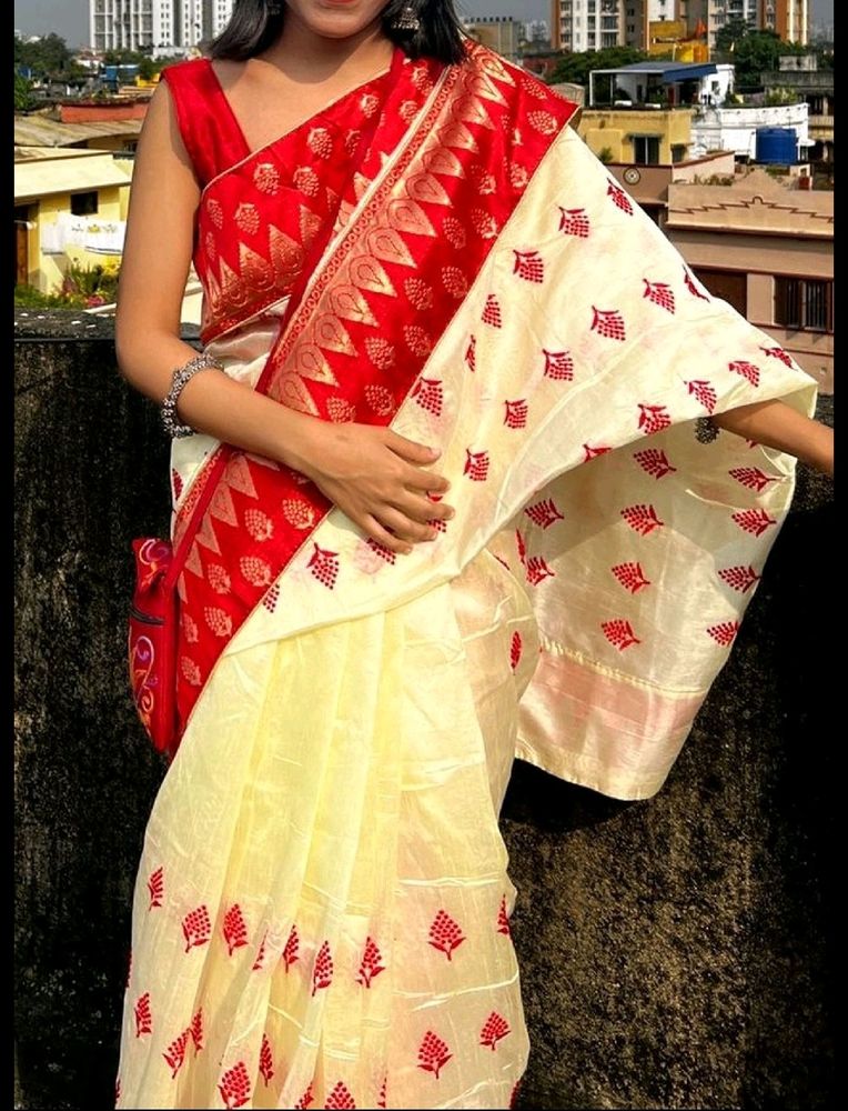 🎉50% OFF🎉Lal Par Bengali Traditional Saree