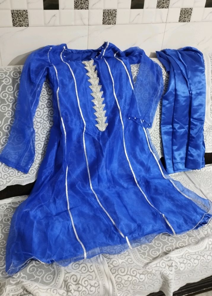 Organza Royal Blue Frock With Pajama And Dupatta