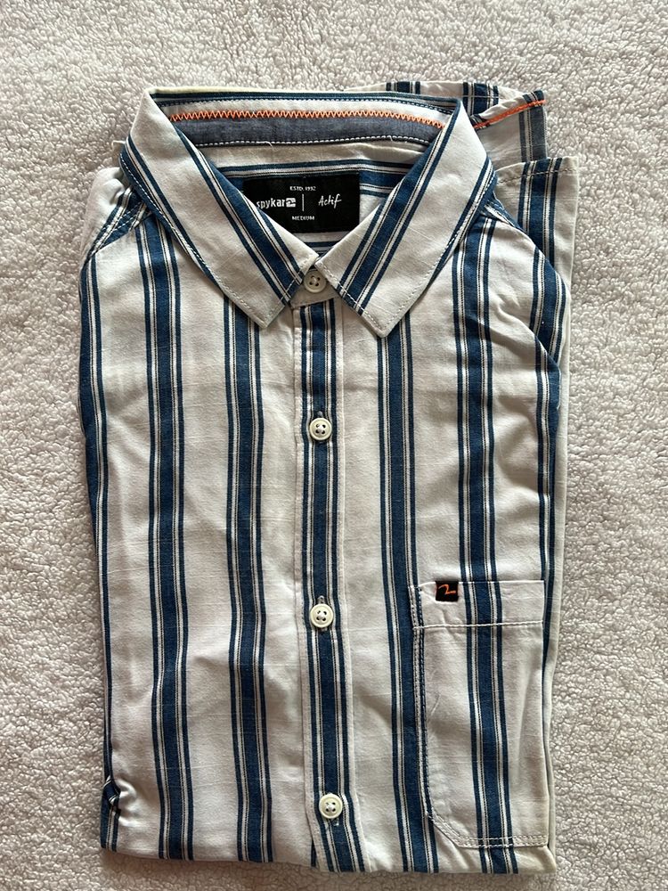 Men Spykar White Blue Stripped Shirt