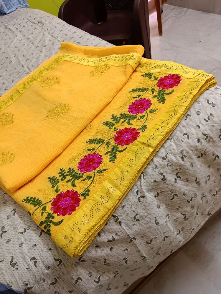 Yellow Saree With Embroidery Design