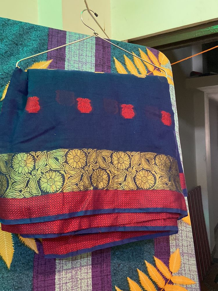 Cotten Saree Dark Blue Golden Work Red Border Red Flower Printed Work