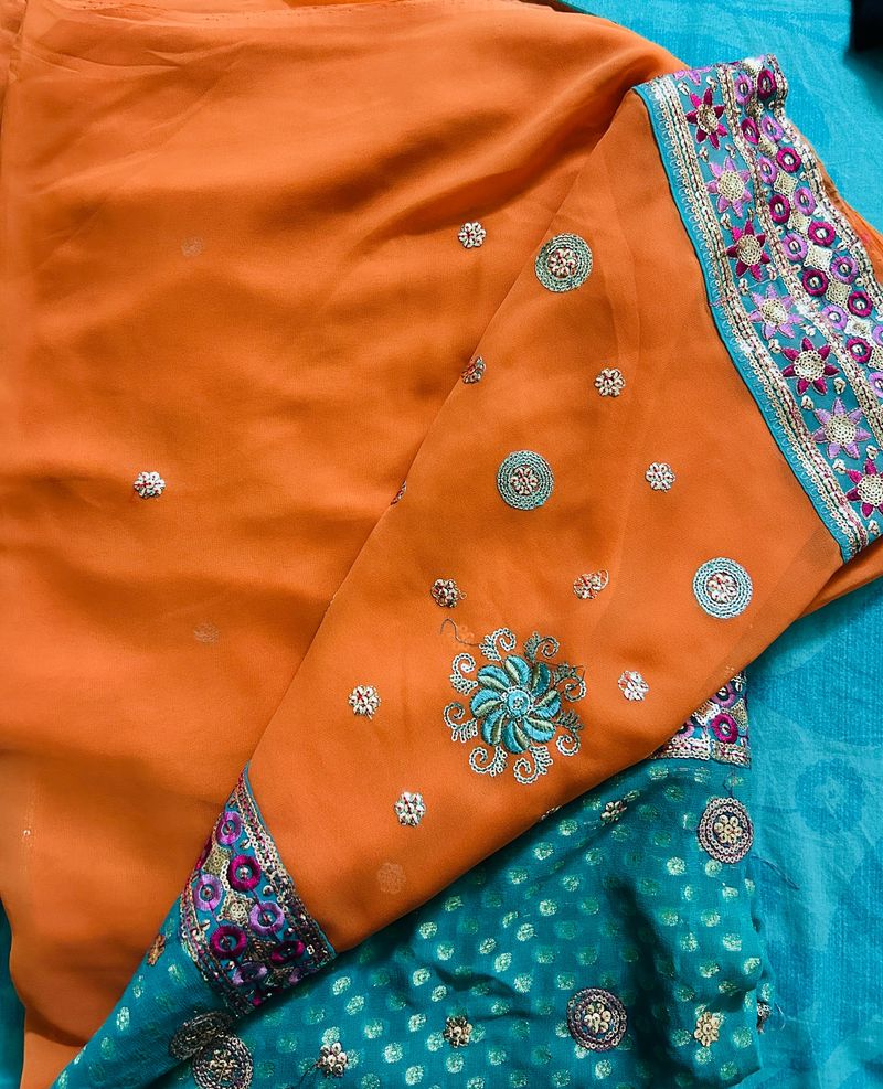 Embroidered Embellished Coral Turquoise Sari