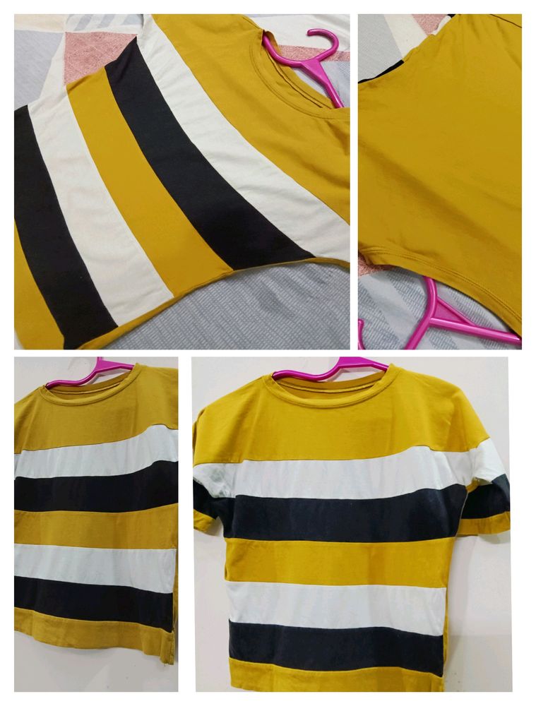 Casual Yellow And Black Strip|Round Neck Crop Top|