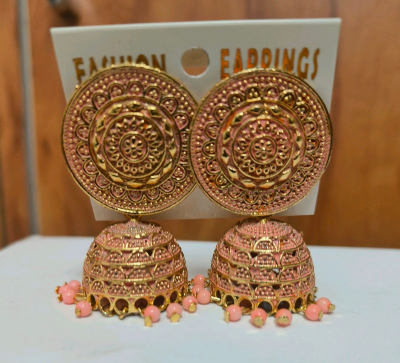 Light Pink And Golden Ethnic Jhumka Earrings