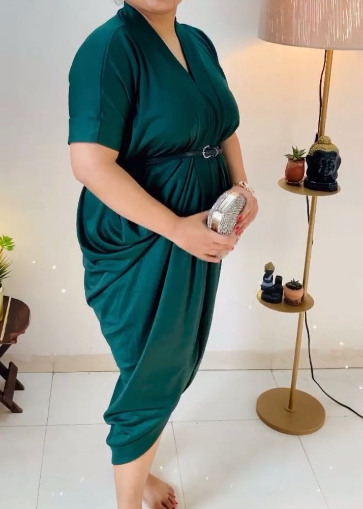 Bottle Green Lycra Dhoti Dress Midi One Piece