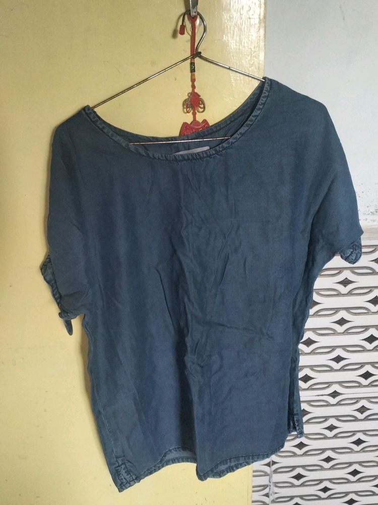 Denim Blue Top With Tie Knot On Shoulder