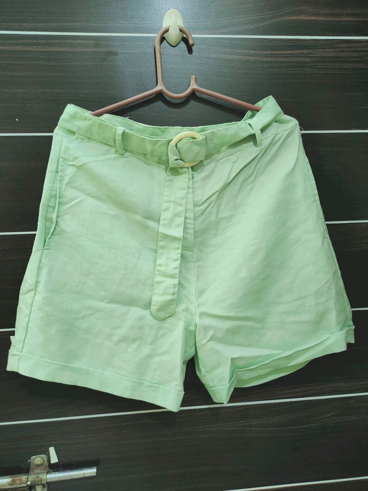 Mint Green High Waist Shorts With Belt