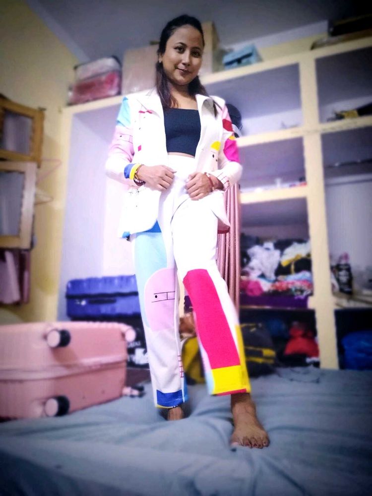 White Multi Blazer Set For Girls